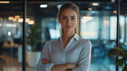 Wall Mural - Confident female professional ready to start a meeting with colleagues, standing in a modern office