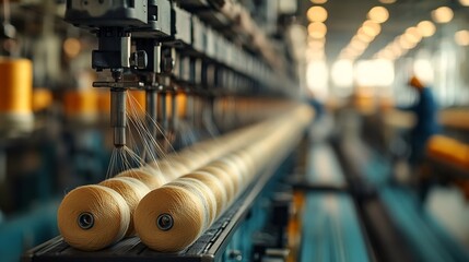 Poster - Textile industry machine with threads and worker in background : Generative AI