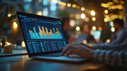 Fototapete - Advice teamwork and people at laptop with graphs charts or data analysis for business growth Research stats and collaboration at computer for sales development profit or finance budget : Generative AI