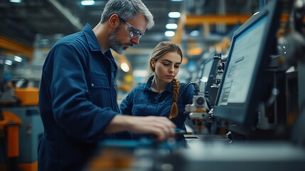 Fototapete - Factory apprenticeship Man mentor teaching Female employees trainee operating machine looking monitors and check Production process machinery foreman explaining woman engineer control  : Generative AI