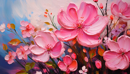 Wall Mural - Abstract pink spring or summer flowers, canvas oil painting. Beautiful floral bouquet, summer nature