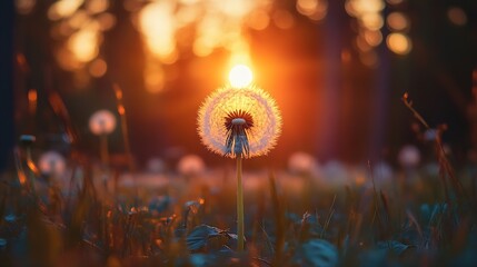 Leinwandbilder - Big white dandelion in a forest at sunset Macro image shallow depth of field Abstract summer nature background : Generative AI