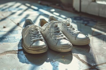 Poster - A pair of white sneakers resting on a clean tiled floor, great for use in interior design or lifestyle shots