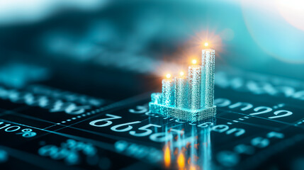 Poster - A three-dimensional bar chart rises above a digital interface displaying various financial figures, reflecting market trends and growth patterns in real time