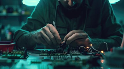 Poster - A person assembling electronic components on a printed circuit board