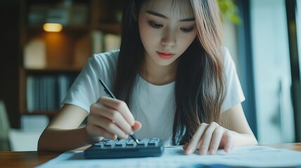 Leinwandbilder - Business financing accounting banking concept Businesswoman hand doing finances and calculate on desk about cost at home office Woman working on desk with using calculator finance acco : Generative AI
