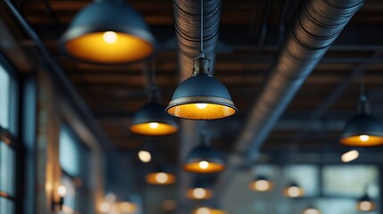 Poster - Ceiling with pipes and lights in creates industrial a pattern : Generative AI