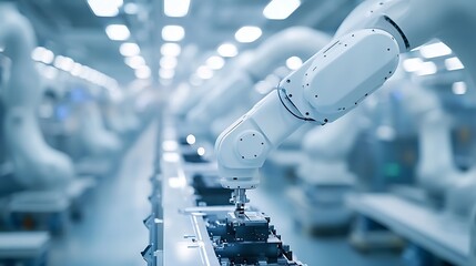 Poster - Row of White Robotic Arms at Automated Production Line at Factory Electric Car Manufacturing Line Inside Automotive Smart Factory Industrial Robot Arms Assemble LithiumIon EV Battery P : Generative AI