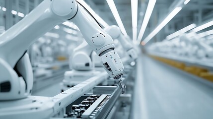 Wall Mural - Row of White Robotic Arms at Automated Production Line at Bright Modern Factory Industrial Robot Arms Assemble LithiumIon EV Battery Pack  Electric Car Manufacturing Inside Automotive  : Generative AI