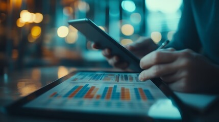 Leinwandbilder - Business finance and investment concept Businessman using digital tablet analyzing and calculating financial data with economic graph growth chart Business strategy and planning market : Generative AI