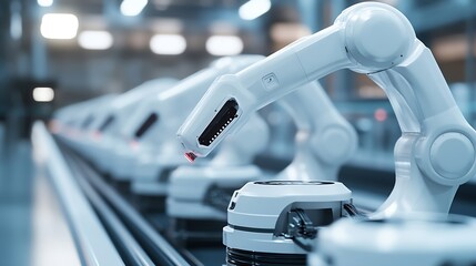 Poster - Row of White Robotic Arms at Modern Factory LithiumIon EV Battery Pack Production at Automated Assembly Line at Bright Factory Equipped With Industrial Robot Arms Electric Car Manufact : Generative AI