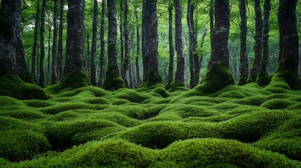 Aufkleber - Close up lush green moss envelops the trees in the mystical woods of Torla in Ordesa National Park Spain creating an enchanting natural tapestry : Generative AI