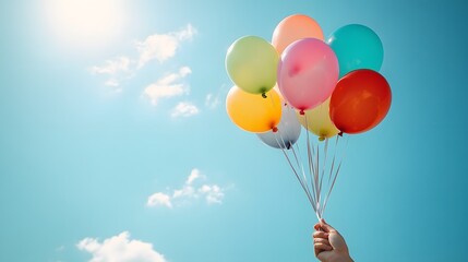 A vibrant array of colorful balloons held against a clear blue sky evokes feelings of joy and celebration.