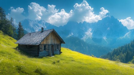 mountain landscape hut nature sky alps mountain hut house forest summer mountain range milk wagon karwendel panorama blue grass meadow bavaria alpine view mountain landscape summit : Generative AI