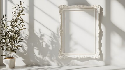 Ornate white vintage frame on pure white wall, soft shadow cast by unseen window, delicate plant silhouette, minimalist aesthetic, clean composition.