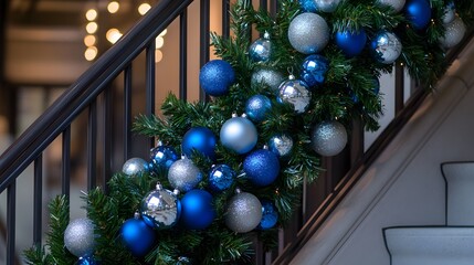 A beautifully decorated staircase adorned with blue and silver ornaments for the holiday season. 