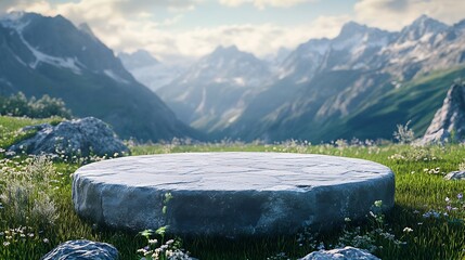 Poster - Abstract 3d render platform and mockup natural background Stone podium on the grass field backdrop meadow mountain for product stand display advertising or etc : Generative AI
