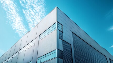 Wall Mural - Group of industrial factory buildings with geometric pattern of aluminium corrugated steel wall against blue sky background low angle and perspective side view : Generative AI