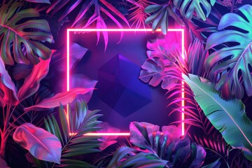 Aufkleber - A neon frame surrounded by tropical plants and leaves