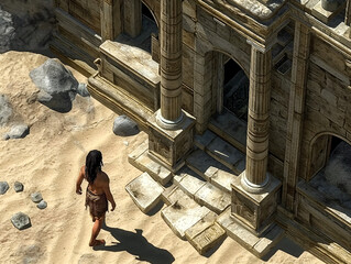 A man is walking in front of a building with a stone facade. The building appears to be ancient and has a sense of mystery and history. The man seems to be exploring the area