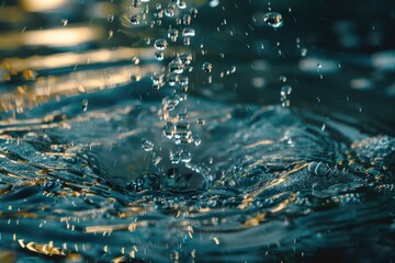 Poster - A small water droplet sits on the surface of a pool, reflecting light