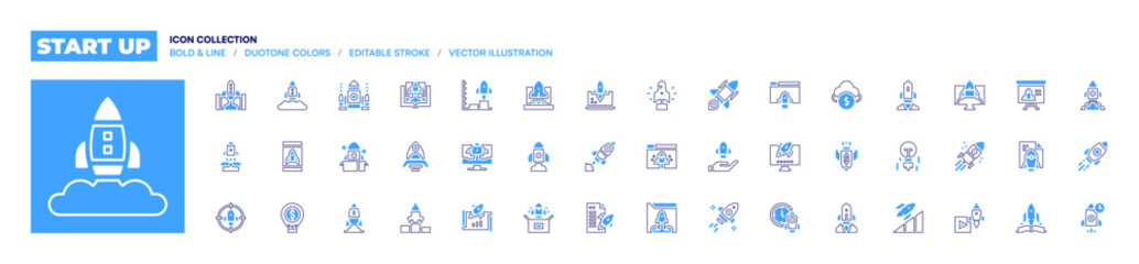 Start up icon collection. Bold line style. Duotone colors. Editable stroke. creativity, promotion, project launch, rocket, launch, presentation, deployment, rocket launch