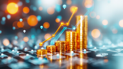 Poster - Stacks of golden coins rise dramatically, accompanied by a glowing financial graph, symbolizing significant economic growth in the digital marketplace