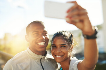 Poster - outdoor, couple and happy for fitness with selfie on running break for workout, training and exercis