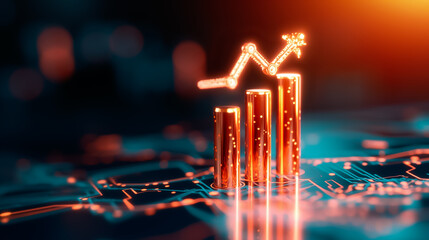 Poster - The visual showcases a vibrant digital display of bar graphs indicating financial growth against a backdrop of a circuit board, emphasizing technological progress