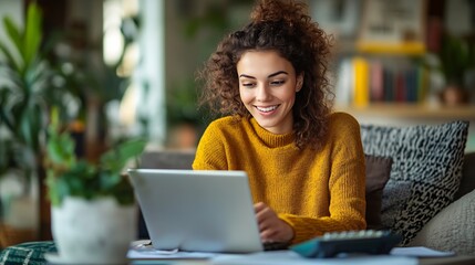Poster - Smiling woman managing finances at home using laptop calculator and documents in cozy living room Concept of home budgeting financial planning and remote work : Generative AI