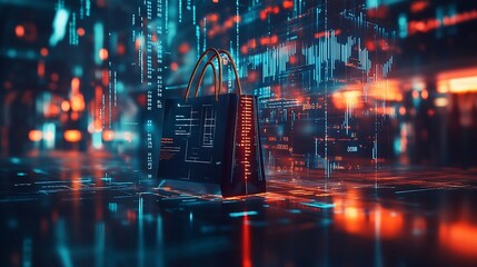 Aufkleber - Image of financial data processing over shopping bag Global shopping business finance computing and data processing concept digitally generated image : Generative AI