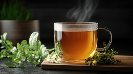 Organic herbal tea, steaming cup with herbs on side, 3D illustration