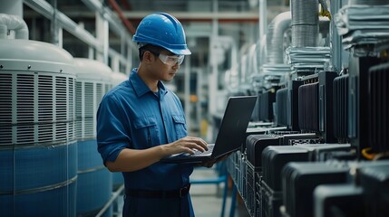 Wall Mural - engineer using laptop checking industry cooling air conditioner water cooling tower air chiller of large industrial building to control air system at construction site : Generative AI