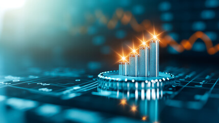 Poster - A visual representation of increasing financial growth depicts four metallic bars on a circular base, symbolizing market trends in digital currency trading, showcasing progress and success