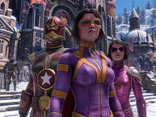 Wall Mural - Three women in purple and orange costumes stand in front of a castle. The women are dressed as superheroes and appear to be posing for a photo. The castle in the background is decorated with flags