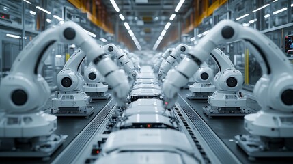 Poster - Row of White Robotic Arms at Modern Factory LithiumIon EV Battery Pack Production at Automated Assembly Line at Bright Factory Equipped With Industrial Robot Arms Electric Car Manufact : Generative AI