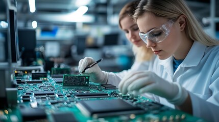 Two female engineers working with computer chips in electronics lab : Generative AI