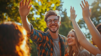 Group of happy diverse people celebrate victory in outdoor team game in green summer park Joyful young man and woman give each other high five while their friends clap hands and cheer : Generative AI