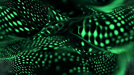 Abstract green seamless pattern with glowing dots and fluid shapes, creating a dynamic and futuristic design suitable for modern backgrounds and textiles.