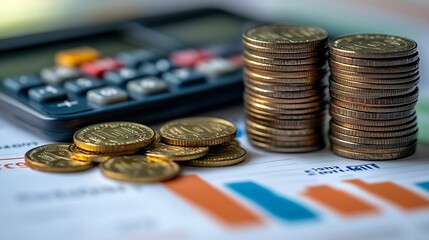 Aufkleber - Business finance and investment currency exchange concept Accountant using calculator with coins and financial report economic graph growth finance background : Generative AI