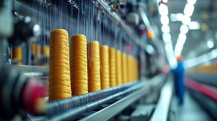 Aufkleber - Textile industry machine with threads and worker in background : Generative AI
