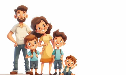 happy cartoon family portrait of father and mother with their children for family bonding concepts isolated on white background as wide banner with copyspace area - Generative AI