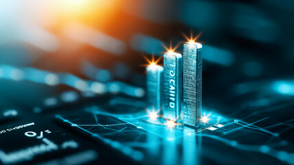 Poster - Three metallic bars rise above a glowing digital grid, representing financial growth in a technology-driven environment, emphasizing innovation and progress