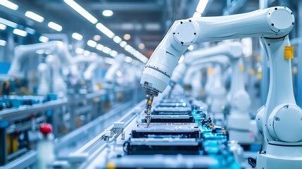 Poster - Row of White Robotic Arms at Automated Production Line at Factory Electric Car Manufacturing Line Inside Automotive Smart Factory Industrial Robot Arms Assemble LithiumIon EV Battery P : Generative AI