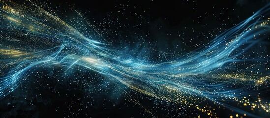the image is a glowing blue and gold wave of light particles against a black background