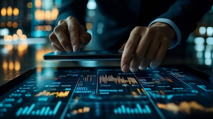Leinwandbilder - Business finance and investment concept Businessman using digital tablet analyzing and calculating financial data with economic graph growth chart Business strategy and planning market : Generative AI