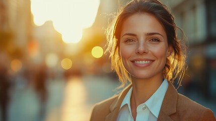 Portrait of happy businesswoman looking at camera Successful proud woman in city street at sunset Satisfied latin business woman in formal clothing smiling outdoors : Generative AI