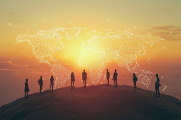 Global Connectivity Concept with Silhouettes of People Overlooking a Digitally Connected World