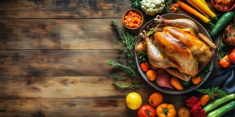 A fresh juicy turkey on the table, surrounded by vegetables and cooking utensils on a wooden background. used for a restaurant menu or a Christmas or Thanksgiving festive dish