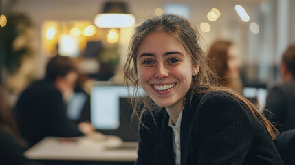 Team of a young woman as a programmer sitting in the office with people working on the background